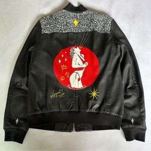 hand painted black allsaints leather bomber jacket / size medium